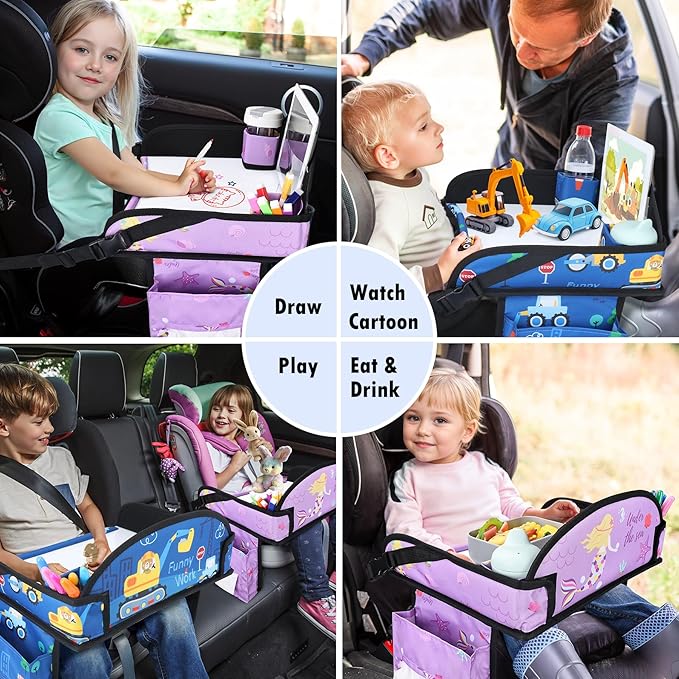 WENRENER 2PCS Kids Travel Tray for Airplane - Toddler Car Seat Table Tray, Road Trip Essentials for Boys & Girls, Carseat Lap Desk for Kids Road Trip Activities (Dark Blue Car/Purple Mermaid)