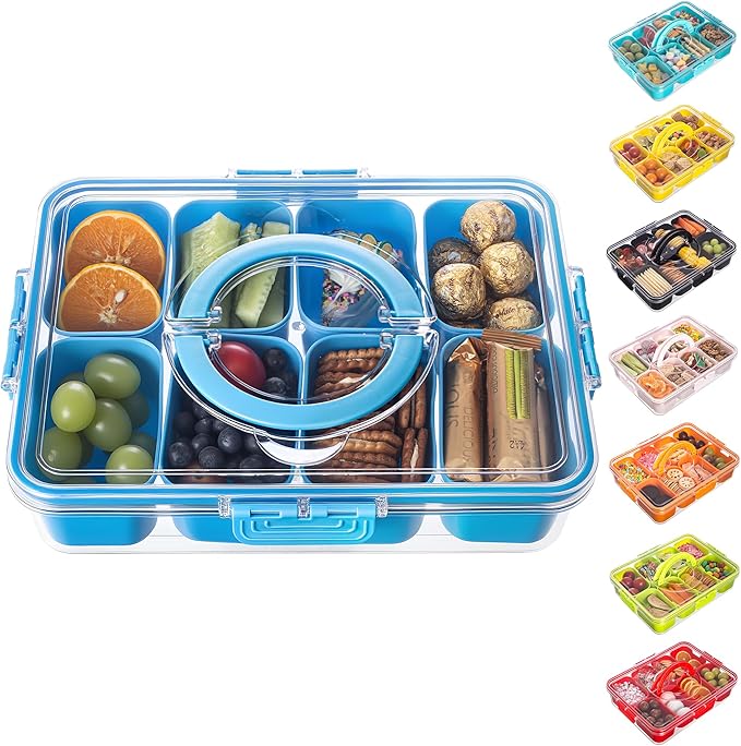 Divided Serving Tray with Lid and Handle - Snackle Box Charcuterie Container for Portable Snack Platters Organizer for Candy, Fruits, Nuts, Snacks - Perfect for Party, Entertaining, Cerulean