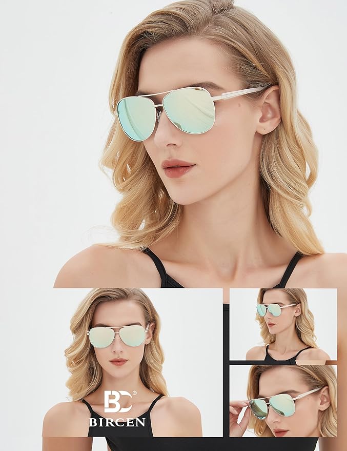 BIRCEN Polarized Aviator Sunglasses for Women : UV Protection Acetate Square Sunglass With Retro Classic Style