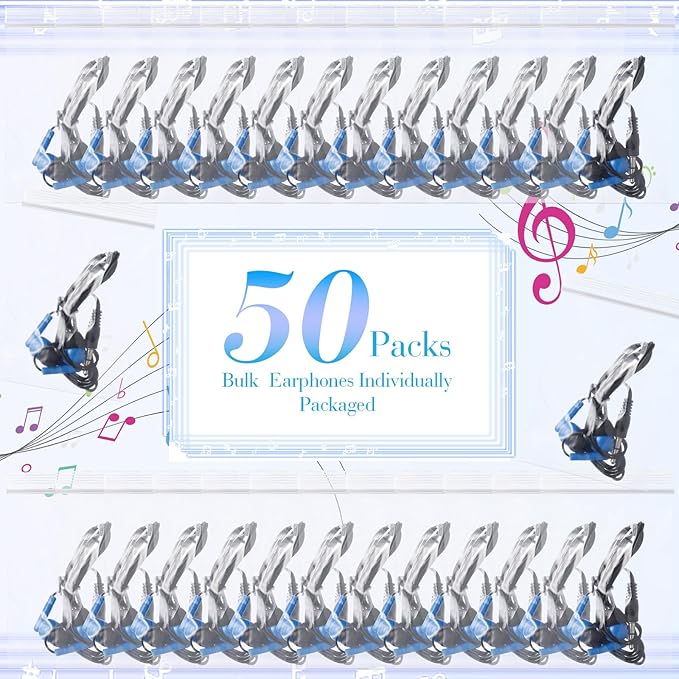 Kanayu 50 Pack Wired Earbuds Bulk for Classroom Ear Headphones Wired Basic Student Earbuds No Microphone with 3.5MM Jack for Class Laptop School Library, Individually Bagged (Dark Blue)