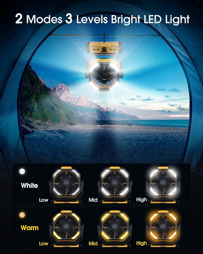 Portable Camping Fan Rechargeable - 20000mAh Cordless Battery Powered Fans with LED Lantern, Remote Auto Oscillating USB C Table Operated Tent Ventilador for Travel Outdoor Fishing Bedroom Home