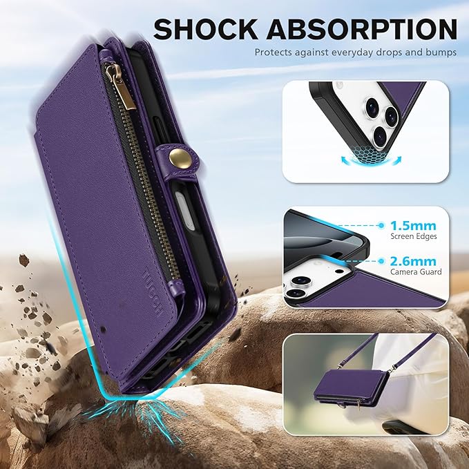 TUCCH Removable Crossbody Wallet Case for iPhone 17 Pro Max, RFID Blocking 10 Card Holders, Lanyard, Wrist Strap, Wireless Charging, Stand, Zipper Pocket, PU Leather, Magnetic Flip Cover, Deep Purple