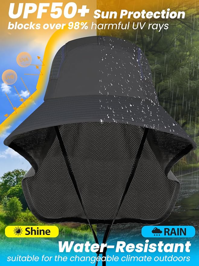 Sun Hats for Women UV Protection with Neck Flap Wide Brim Beach Hats with Ponytail Hole for Hiking Fishing Gardening Travel