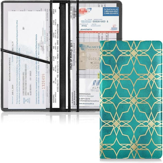 linqin Car Registration and Insurance Card Holder, Golden Teal Pattern Glove Box Organizer Card Document Wallet