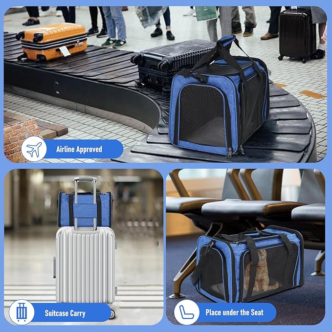 Pet Portable Travel Carrier Bag for Cats Dogs, Mesh Travel Puppy Carrier, Oxford Fabric Large Capacity Breathable Soft-Sided Animals Carrier with Mat Shoulder Strap (Blue)