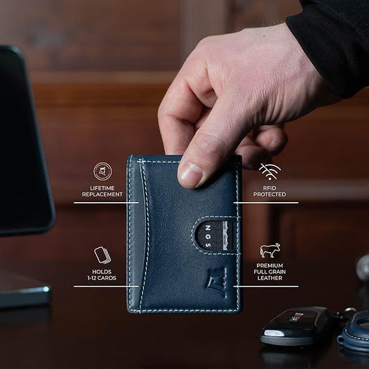 Kings Loot Money Clip Slim Minimalist Wallet for Men – RFID Blocking Leather Design with Money Clip – Front Pocket Bifold Holds 12 Cards – Stylish & Compact Wallets (Blue)