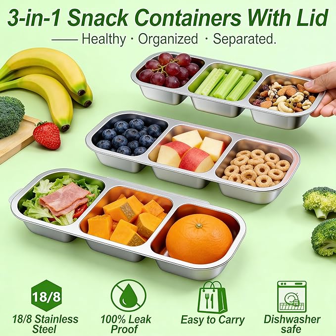 Dobyusf 4 Pack Stainless Steel Snack Containers - 3 Compartment Leak Proof Bento Box with 7oz Capacity, BPA-Free Reusable Food/Sauce Containers Containers for Office, Travel, On-the-Go Meals