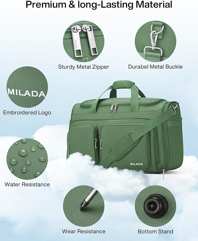 MILADA Carry On Luggage Bags for Travel Large Foldable Duffle Bag for Travel Lightweight Personal Bags for Airplanes Weekend Overnight Bags for Women Mens Travel Bag, Forest Green