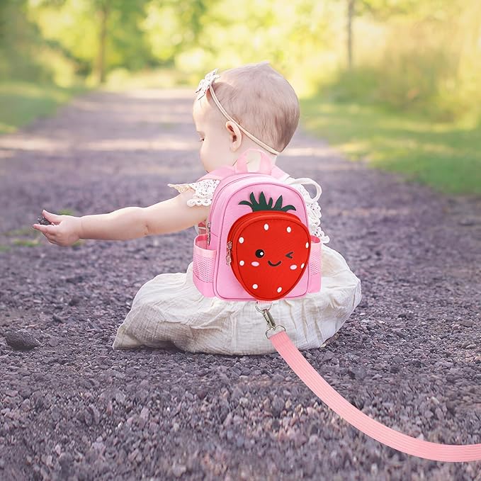 Toddler Backpack with Leash, Accmor 4 in 1 Kids Mini Backpacks with Anti Lost Wrist Link, Cute Child Harness Bag Rein for Outdoor, Strawberry Back Pack Rope Tether for Baby Girls Aged 1-3 Years (Pink)