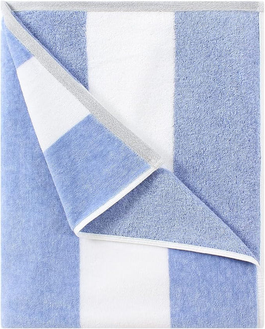 Cotton Oversized Beach Towel - Large 70 x 35 Inch Pool Towel, Blue Striped Quick Dry Swimming Cabana Towel