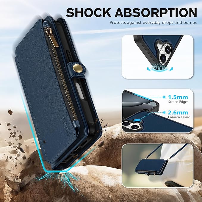 TUCCH Crossbody Detachable Wallet Case for iPhone 17 (6.3") 2025, 9 Card Holders RFID Blocking, Wireless Charging, Stand, Wrist Strap, Lanyard, Zipper Pocket, PU Leather Shockproof Cover, Dark Blue