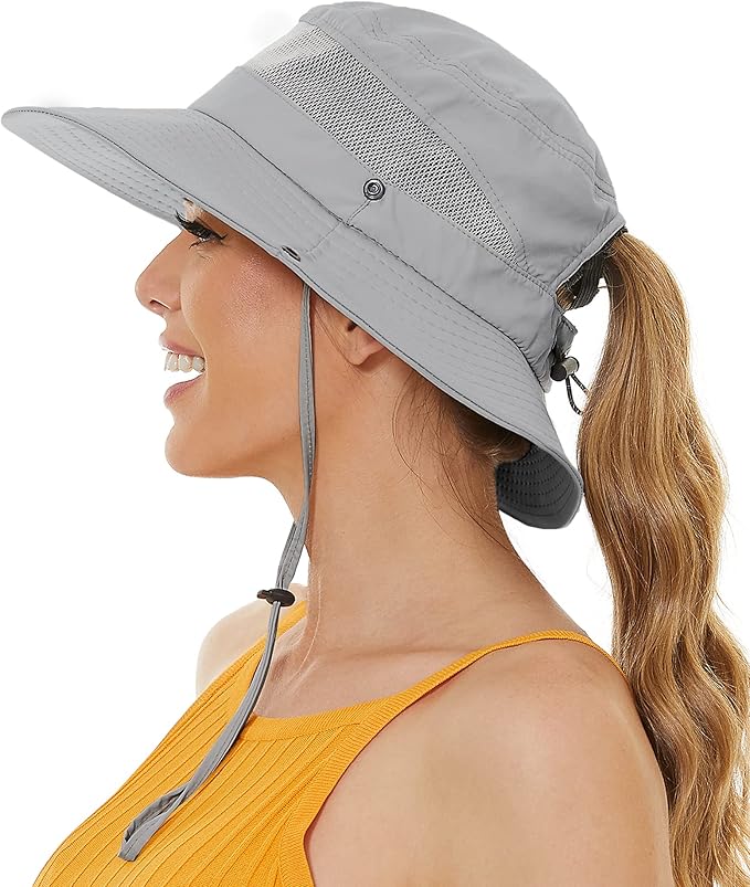 Sun Bucket Beach Hats for Women with Ponytail Hole,Sun Protection UV UPF50+ Waterproof Fishing Safari Hiking Hat