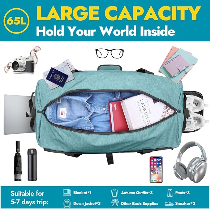 Canway 65L Travel Duffel Bag, Foldable Weekender Bag with Shoes Compartment for Men Women Water-proof & Tear Resistant