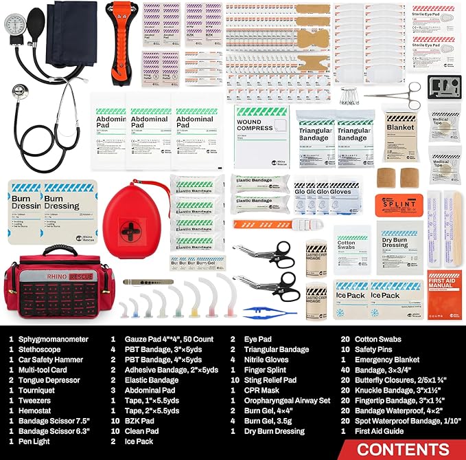 RHINO RESCUE First Responder First Aid Kit Fully-Stocked EMT Bag, Professional EMT/EMS Trauma Medical Kit, Molle System & Reflective Stripe, 300+ First Aid Supplies, Suits for Business, Home (Red)