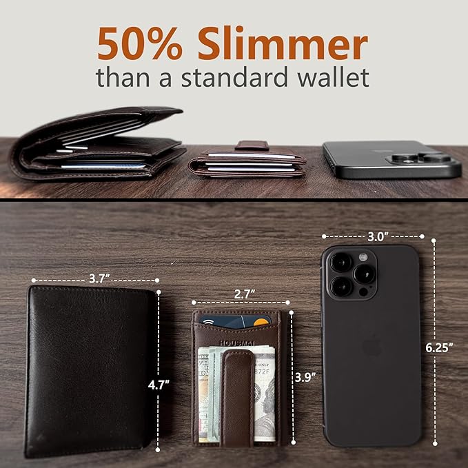 Housmai Magnetic Closure Slim Wallet with Money Clip Gift Boxed,Genuine Leather Front Pocket Wallet for Men, 3.9"x 2.8", RFID Blocking