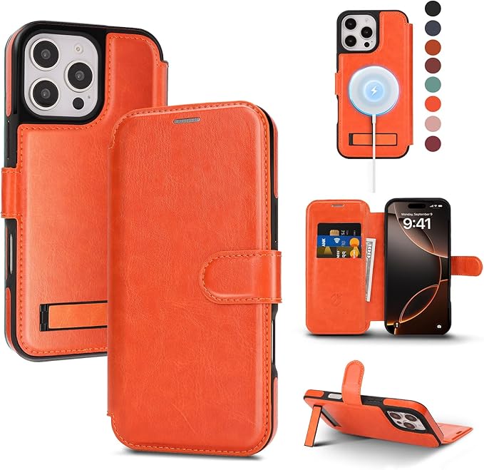 CIVICASE for iPhone 16 Pro Max Wallet Case with Stand,PU Leather Flip Credit Card Holder Slots (RFID Blocking),Compatible with Magsafe Magnetic Holder Phone Cover Women Men,Orange