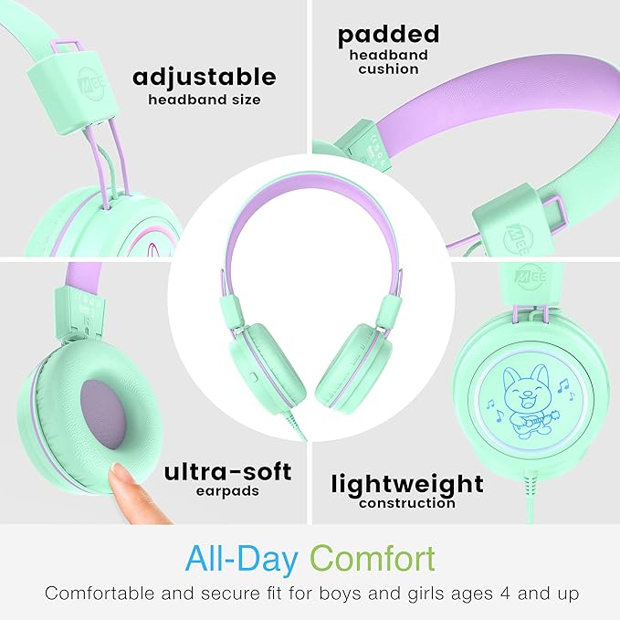 MEE audio KidJamz KJ55 Safe Listening USB-C Headphones for Children with Multicolor LED Lights, Volume Limiter, & Microphone; On-Ear Wired Kids Headset for iPhone 16, iPad, & USB Type C Devices (Mint)