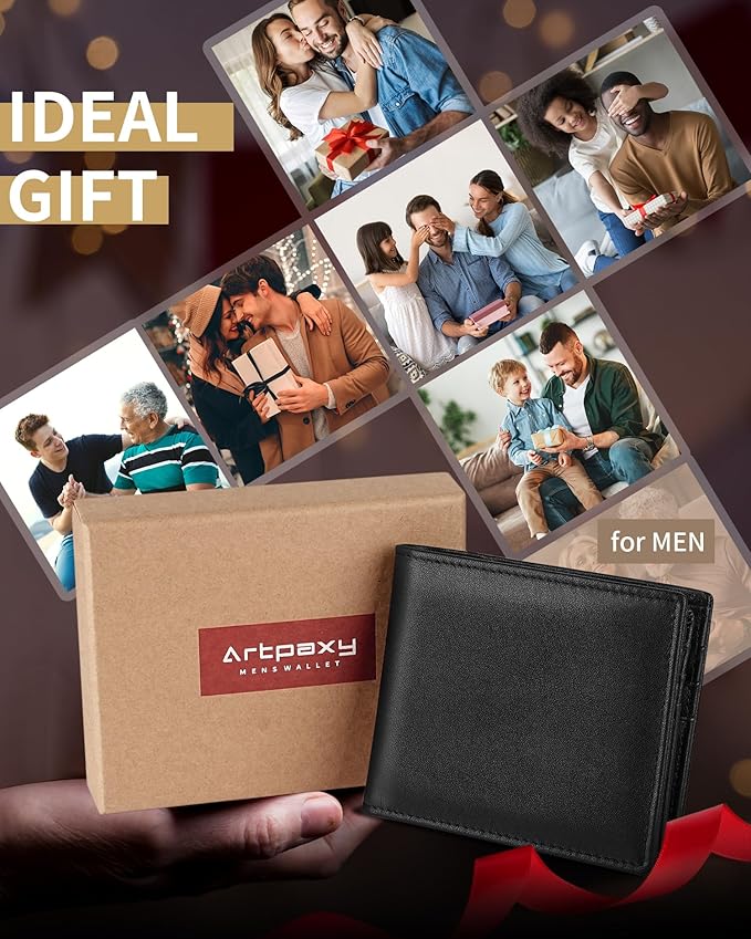 Artpaxy Mens Wallet Genuine Leather Bifold RFID Blocking Wallet for Men with 2 ID Windows 12 Card Holders 2 cash pockets 1 Gift Box