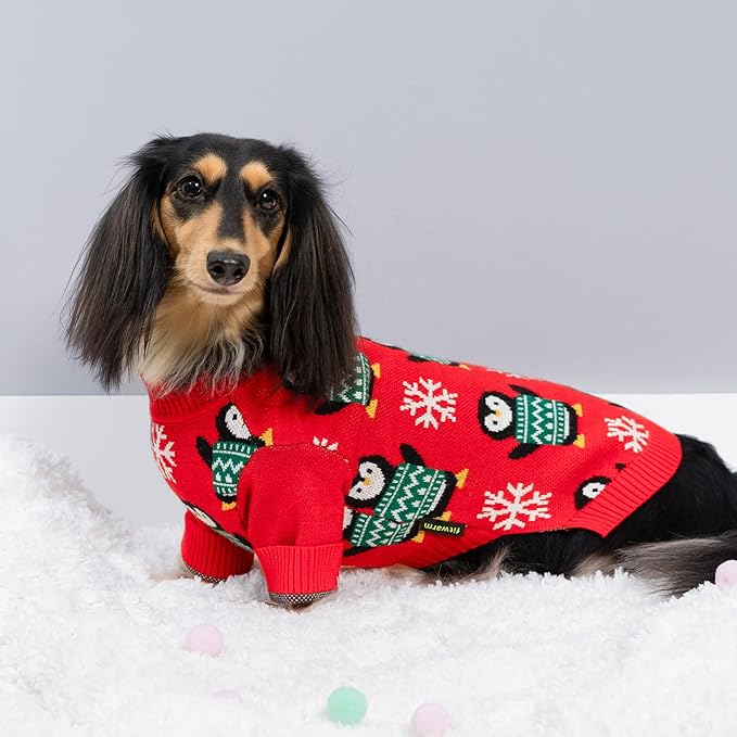 Fitwarm Funny Penguins Dog Ugly Christmas Sweater, Winter Dog Clothes for Small Dogs Girl Boy, Pet Xmas Outfit, Green, Red, White, Large