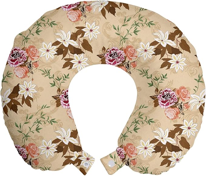 Ambesonne Floral Travel Pillow Neck Rest, Cloves Roses Twigs Blossoming Nature Classical Retro Flowers Print, Memory Foam Traveling Accessory for Airplane and Car, 12", Multicolor