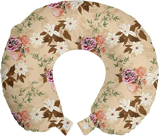 Ambesonne Floral Travel Pillow Neck Rest, Cloves Roses Twigs Blossoming Nature Classical Retro Flowers Print, Memory Foam Traveling Accessory for Airplane and Car, 12", Multicolor