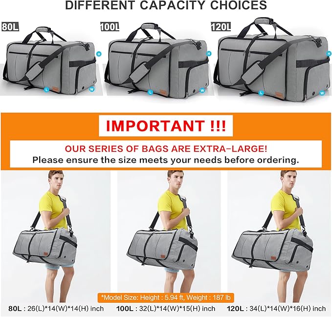 100L Travel Duffle Bag for Men, Urtala 32” Large Duffle Bag for Traveling with Shoe Compartment, Foldable Travel Duffel Bag Weekender Bag Gym Bag for Men Women Waterproof & Tear Resistant (Gray)