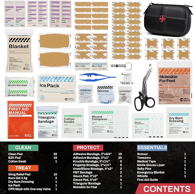 RHINO RESCUE EVA First Aid Kit, Small Waterproof Backpack Emergency Hiking First Aid Kit for Backpacking, Medical Kit for Travel, Home, Car, College Dorm, Camping, Boat, Back to School (Black)