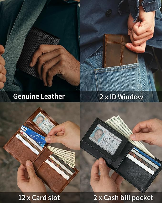 Artpaxy Mens Wallet Bifold Genuine Leather RFID Blocking Wallet for Men with 2 ID Windows 12 Card Holders 2 cash pockets 1 Gift Box