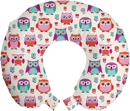Ambesonne Owls Travel Pillow Neck Rest, Owls Happy Childhood Hipster Modern Repeated Animals Pattern Illustration, Memory Foam Traveling Accessory for Airplane and Car, 12", Fuchsia Seafoam