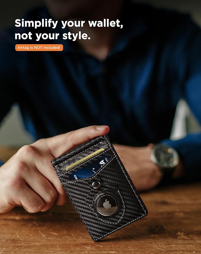 SERMAN BRANDS AirTag Wallet - RFID Blocking Mens Minimalist Money Clip Wallet for Airtag - Full Grain Leather - Slim Bifold. Front Pocket for Air tag Wallets for men. Gift (Carbon Air)