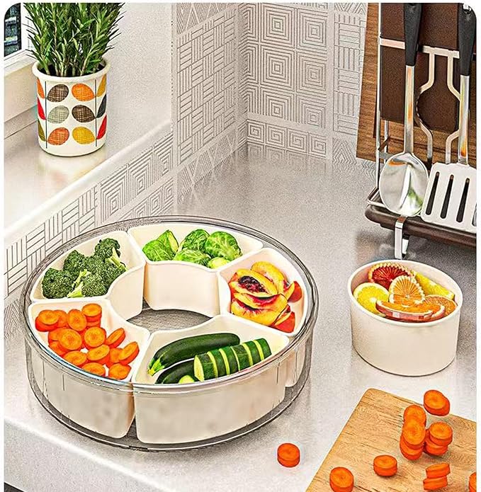 Divided Serving Tray with Lid and Handle,Portable Divided Snackle Box Container 6 Compartments,Clear Lazy Susan Organizer and Fridge Storage Container for Candy,Nuts,Fruits,Snacks and Veggie