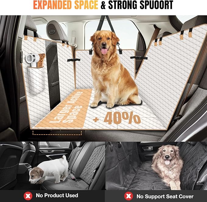Dog Car Seat Cover for Back Seat, Dog Car Bed Cover with Strong Hard Bottom, Back Seat Extender Hammock for Cars SUV Truck 4 Panels Beige Color