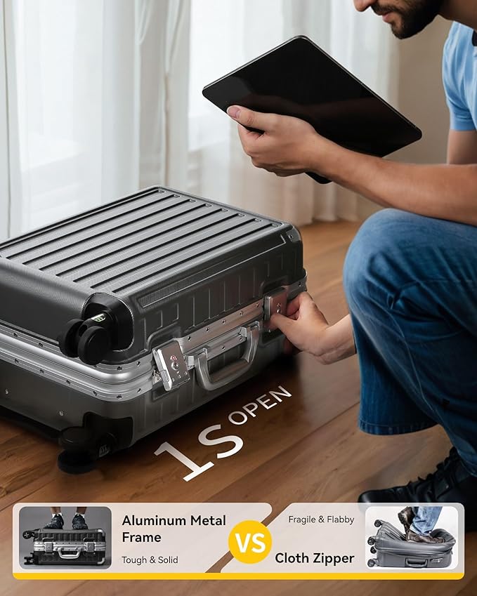 LUGGEX Checked Suitcase with Spinner Wheels, 28 Inch Aluminum Frame Zipperless Polycarbonate Hard Shell Suitcase, Charcoal Metallic