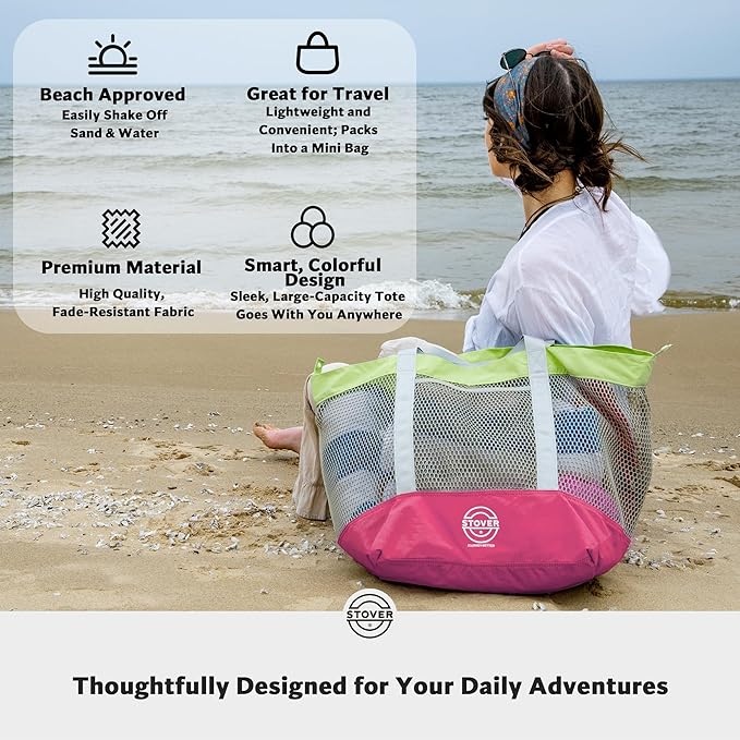 STOVER Large Mesh Beach Bag, Vacation, Pool, Shopping, & Travel Tote - Foldable w/Storage Pockets for Women, Men & Families