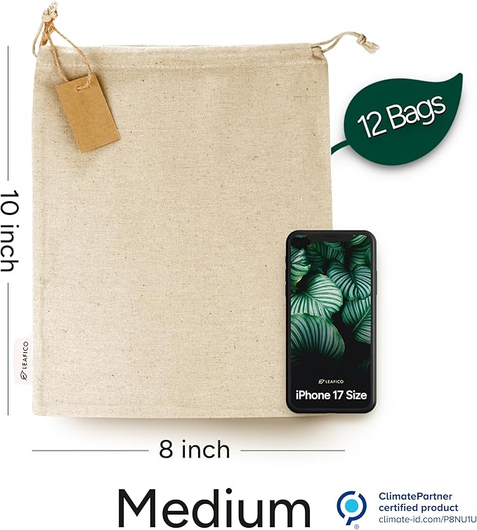 LEAFICO Organic Cotton Produce Bags - Medium 8x10 Inch (12 Bags) - Reusable Muslin Storage Bags with Drawstrings - Biodegradable Canvas Fabric - Perfect for Snacks, Clothes