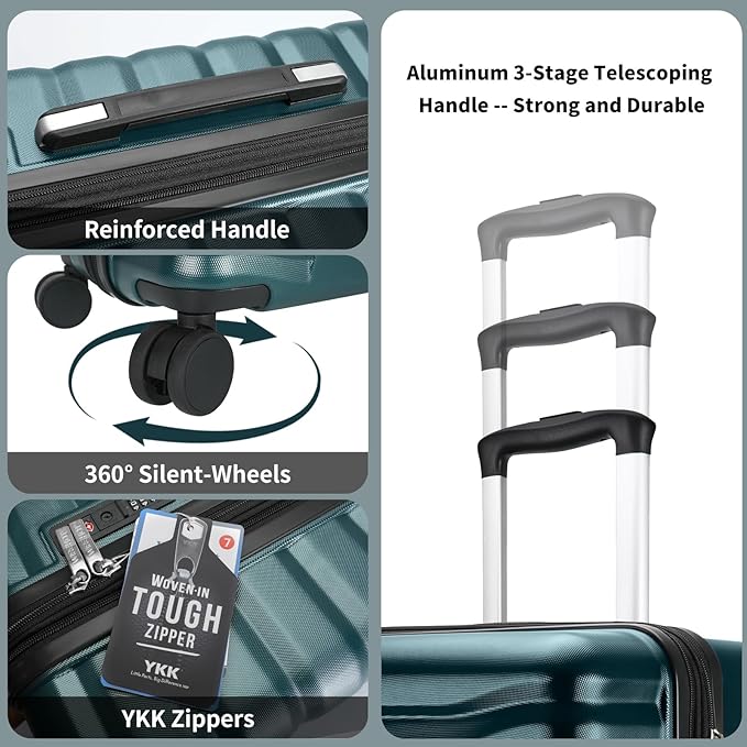 Lightweight Luggage with Spinner Wheels & YKK Zipper, 3-Piece Suitcase ABS+PC Hardside Hard Shell Luggage Set with TSA Lock, Teal Blue (20+24+28 inch)