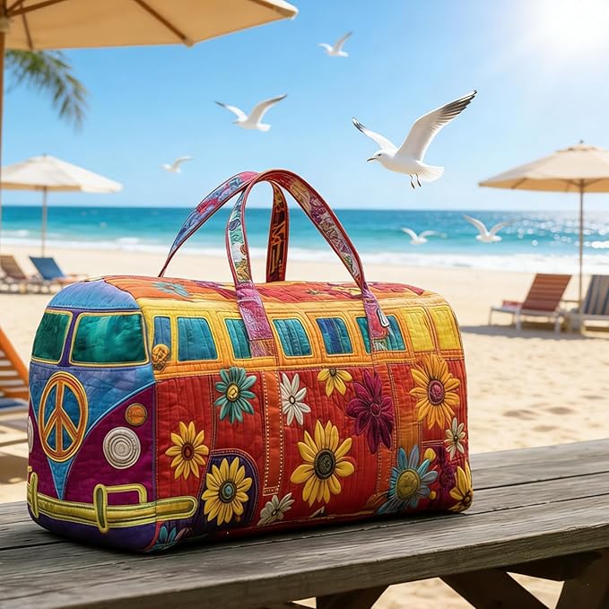 Hippie Journey Quilted Duffel Bag Hippie Van Travel Duffel Bag Vintage Floral Weekender Overnight Bags Women Gym Bags
