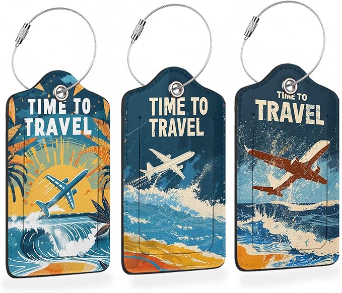 Vintage Airplane Beach Travel 3 Pack Luggage Tags for Suitcases, Tropical Sunset Flight PU Leather Luggage Tag for Travel, Bag Tags with Privacy Name ID Card and Steel Loop for Women Men