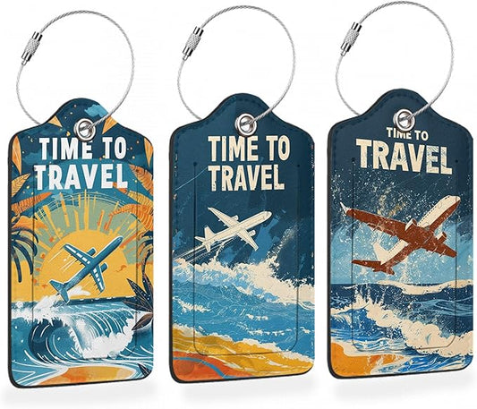 Vintage Airplane Beach Travel 3 Pack Luggage Tags for Suitcases, Tropical Sunset Flight PU Leather Luggage Tag for Travel, Bag Tags with Privacy Name ID Card and Steel Loop for Women Men