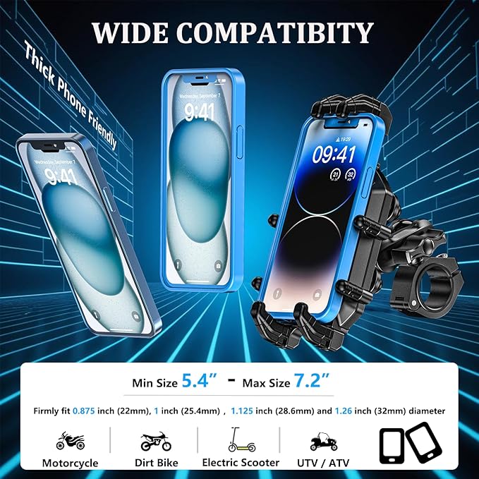 Motorcycle Phone Mount with Vibration Dampener & Secure Lock，[Size Adjustable] Bike Cellphone Holder for ATV Scooter for 5.4-7.2" Smartphones