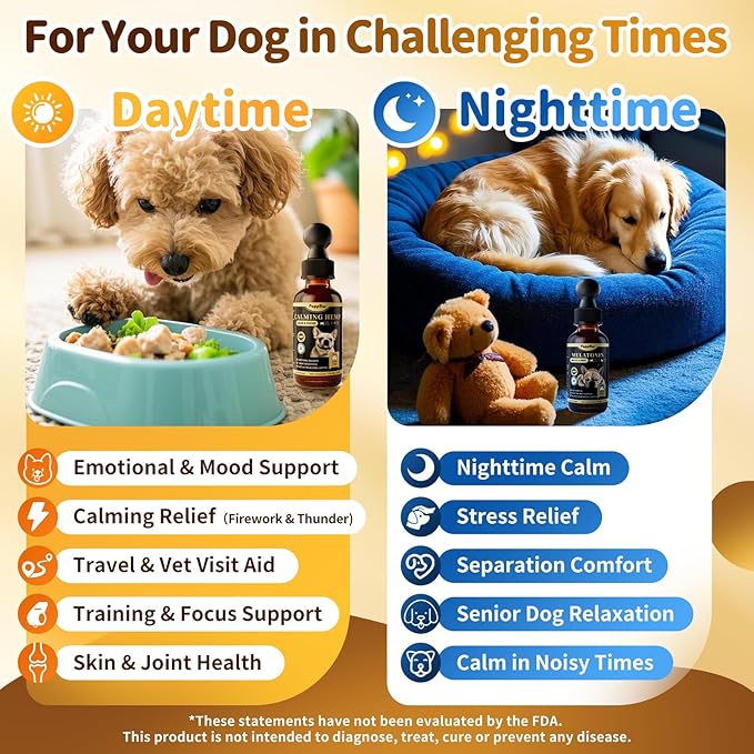 Dog Calming & Melatonin Drops, Day & Night Calm Support Set, Soothe Separation & Stress, Enhance Calmness & Sleep with Valerian Root, Ashwagandha, GABA, Melatonin, Chicken Flavor, 2 FL.Oz