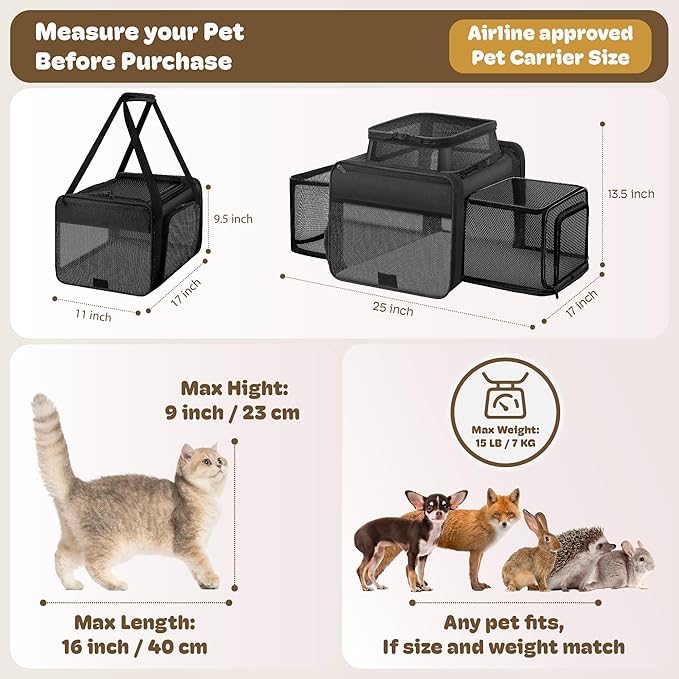 Top and 2 Sides Expandable Pet Carrier 17x11x9.5, TSA Airline Approved Small Dog Carriers for Small Dogs, Soft-Sided Cat Carrier with Self-Locking Zippers for Kitten,Rabbit, Puppy, Guinea Pig Black