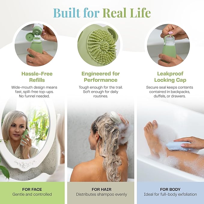 Sumina Premium Silicone Travel Bottles 3-Pack (3.4oz) | TSA Approved Leakproof Toiletry Containers | Refillable Shower Bottles & Gentle Exfoliating Scrubber for Sensitive Skin