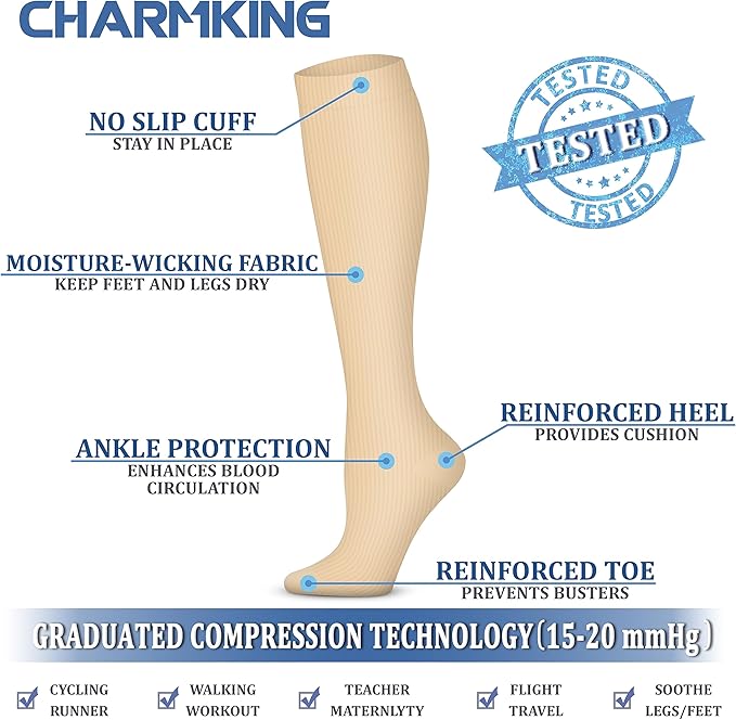 CHARMKING Compression Socks for Women and Men Circulation 4 Pairs 15-20 mmHg Best Support for Athletic Running Cycling