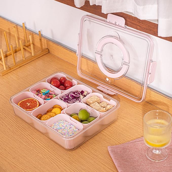 Patent Design Ribbed Snackle Box Container Divided Serving Tray with Lid and Handle -Charcuterie Container Portable Storage Organizer for Candy, Fruit, Beach, Picnics（1 pcs, Pink