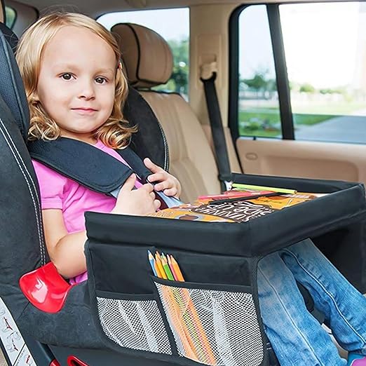 AMZ Supply Kids Travel Tray for Kids Car Seat. Toddler Car Seat Tray Table with 6 Compartments and Tablet Stand. Foldable Toddler Table for Travel. Folding Portable Desk. Compact Road Trip Essentials