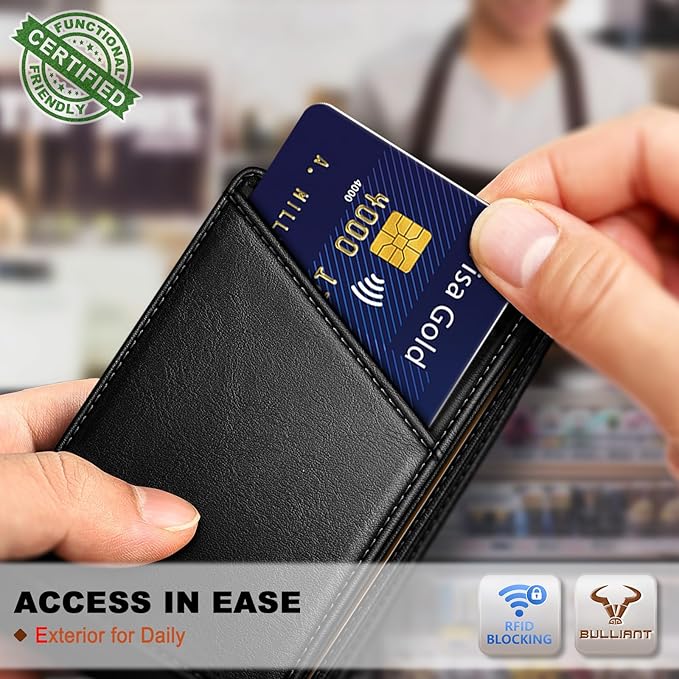 BULLIANT Men Wallet,Slim Leather Wallet Money Clip Magnetic Closure Simplifed Bill Folder 10Cards RFID Blocking 4.3"×3"