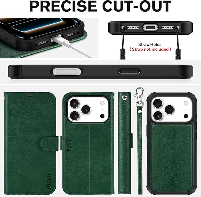 TUCCH 2-in-1 Removable Wallet Case for iPhone 17 Pro (6.3-inch) 2025, Wireless Charging | RFID Blocking 4 Card Holder | Wrist Strap | Kickstand | Magnetic | PU Leather | Protective Cover | Dark Green