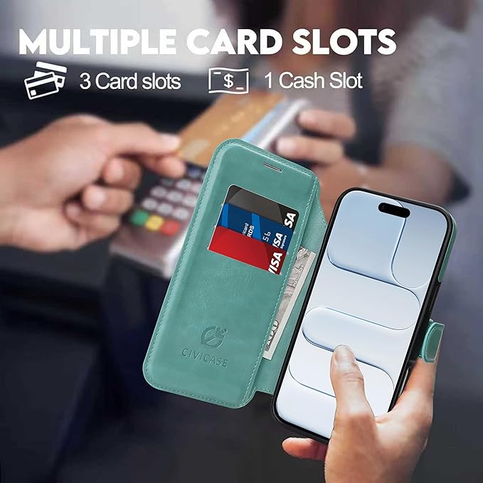 CIVICASE for iPhone Air Wallet Case with Stand,PU Leather Flip Credit Card Holder Slots (RFID Blocking),Compatible with Magsafe Magnetic Holder Phone Cover Women Men,Green