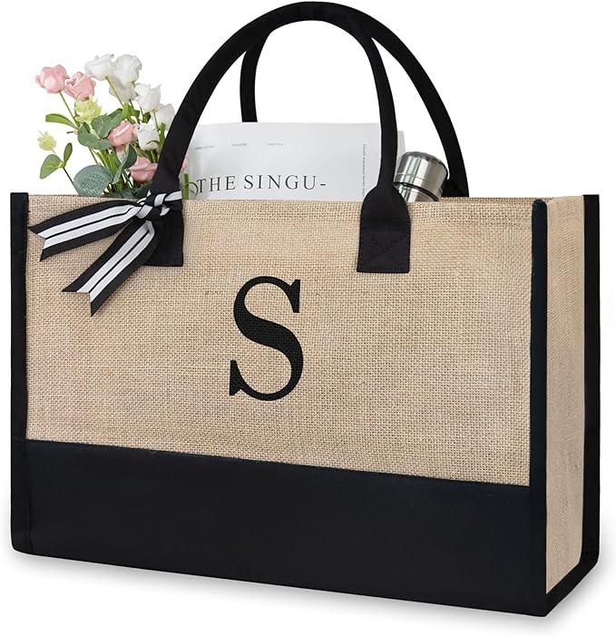 TOPDesign Personalized Initial Canvas Beach Bag, Monogrammed Gift Tote Bag for Women